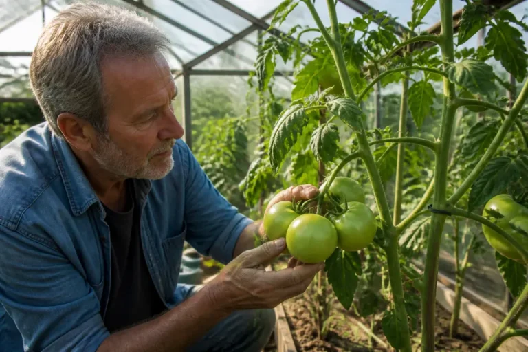Un jardinier observe des grappes de fruits dans sa serre où des tomates ne rougissent pas malgré la chaleur estivale