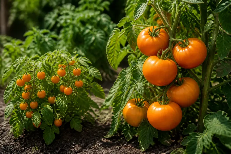 Vue rapprochée de deux variétés de tomates orange illustrant la différence de taille et de port pour le potager.