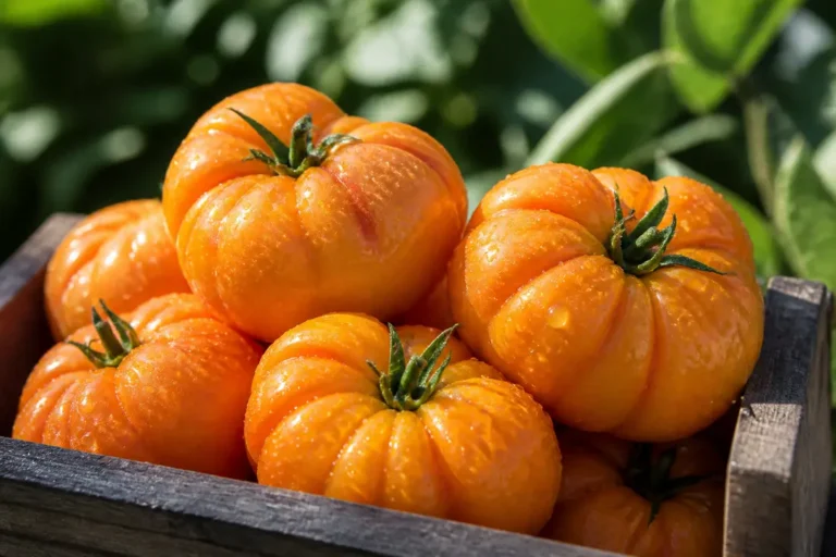 Gros plan de tomates orange mûres dans une caisse en bois, prêtes à être récoltées.