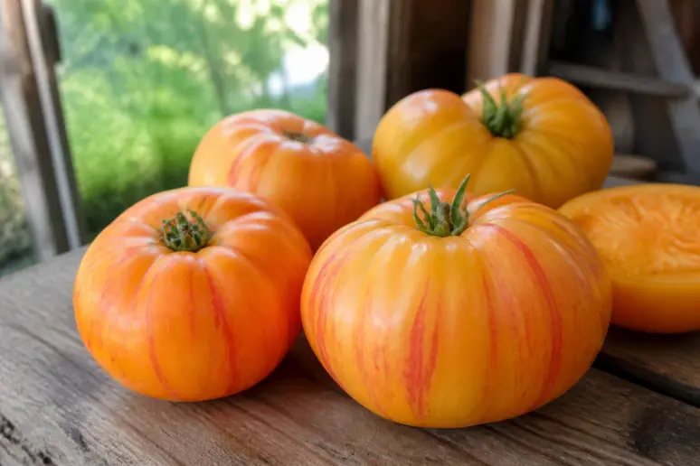 Tomates Jaune Flammée à la peau ferme et brillante disposées sur une table en bois.