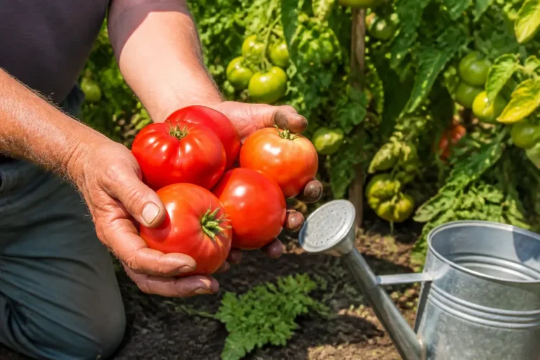 Jardinier tenant des tomates peau dure dans un potager ensoleillé.