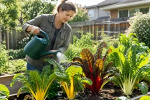 Jardinier arrosant des pieds de blette de couleur culture dans un potager ensoleillé.