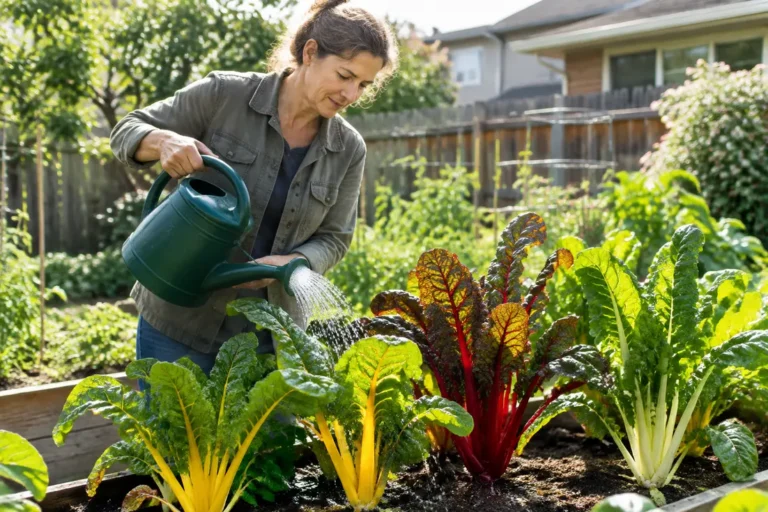 Jardinier arrosant des pieds de blette de couleur culture dans un potager ensoleillé.