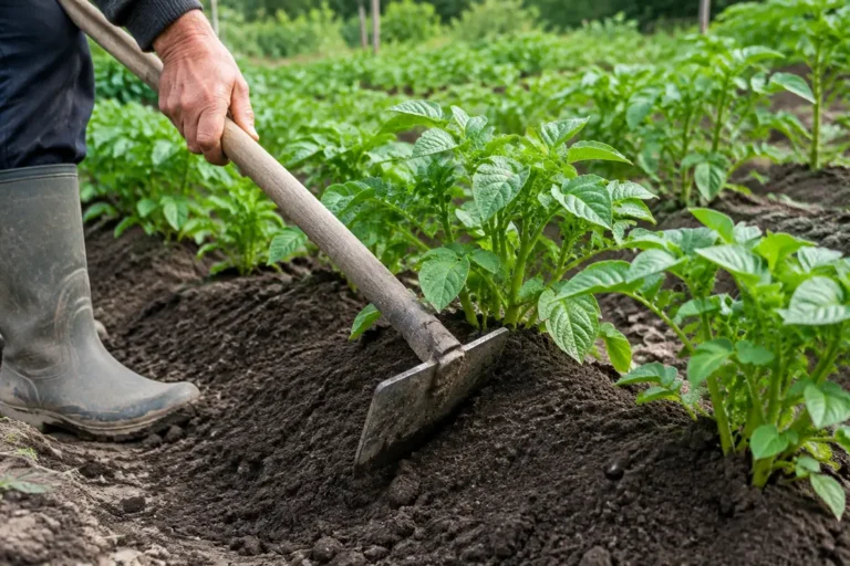 Jardinier réalisant un buttage pommes de terre avec une houe dans un potager