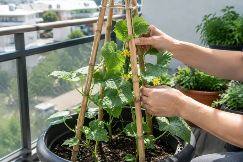 Installation d'un tuteur en bambou dans un grand pot pour guider la croissance du concombre sur un balcon.