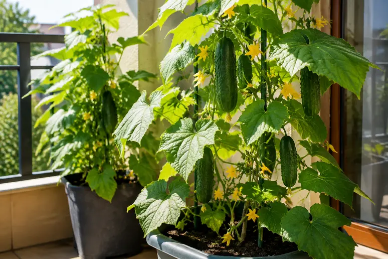 Pieds de concombres en pot installés dans un coin ensoleillé et abrité du vent sur une terrasse.