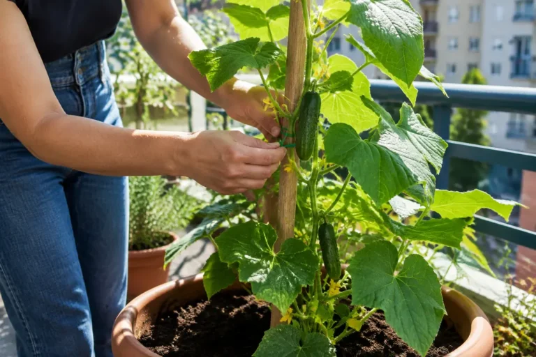 jardinier tuteurant un beau plant de concombre en pot sur un balcon ensoleillé