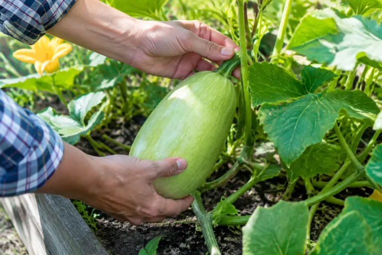 Jardinier inspectant une courge spaghetti récolte encore verte dans le potager ensoleillé.