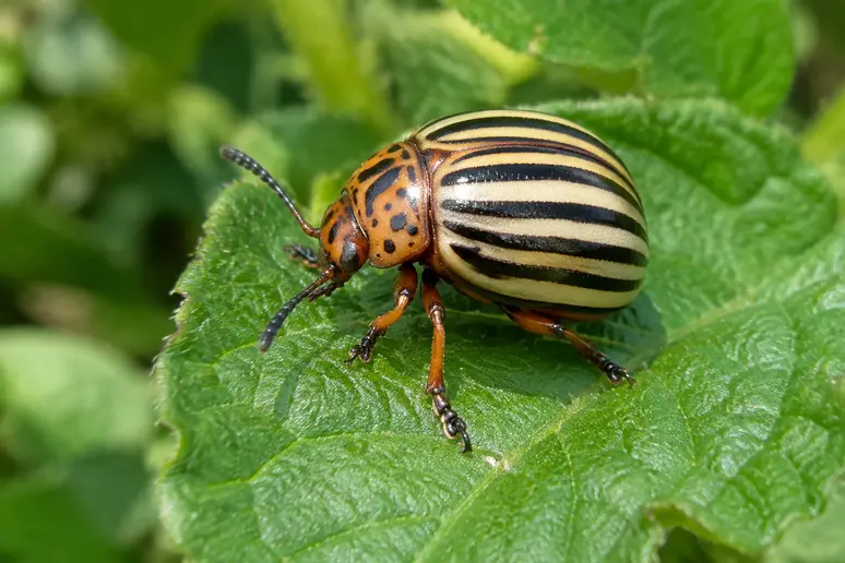Adulte de doryphore de la pomme de terre posé sur une feuille verte avec ses bandes noires
