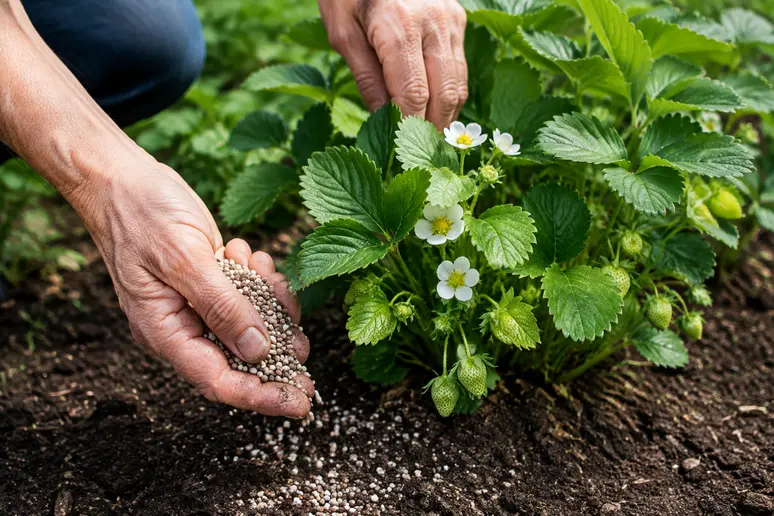 Mains de jardinier appliquant un engrais pour fraisiers équilibré en potassium au pied des plants