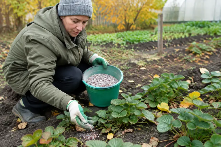 Jardinier fertilisant des plants de fraisiers non remontants en automne pour préparer la saison prochaine