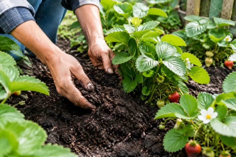 Jardinier appliquant de l'engrais fraisiers naturel au pied des plants pour éviter l'excès d'azote.