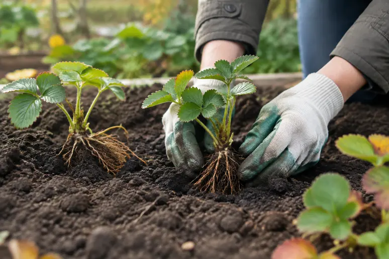 Mains de jardinier plantant des racines nues de fraisiers remontants dans la terre en automne