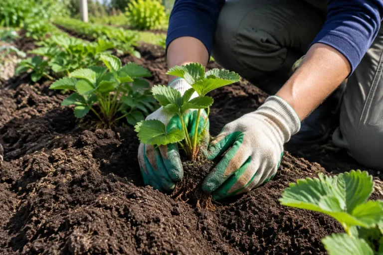Jardinier plantant soigneusement des fraisiers remontants dans la terre fertile du potager ensoleillé.
