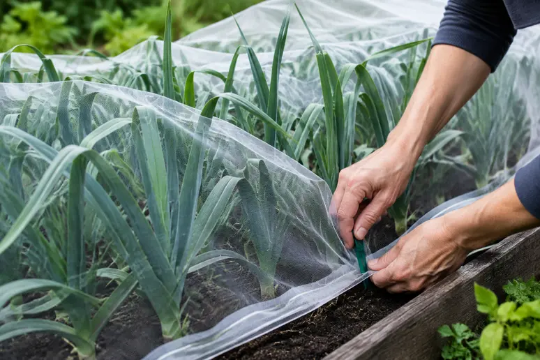 Installation d'un filet anti-insectes à mailles fines sur une culture de poireaux au potager