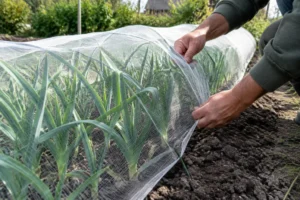 Un jardinier installe un filet anti-insectes sur les cultures pour protéger ses plants contre la mineuse poireau.