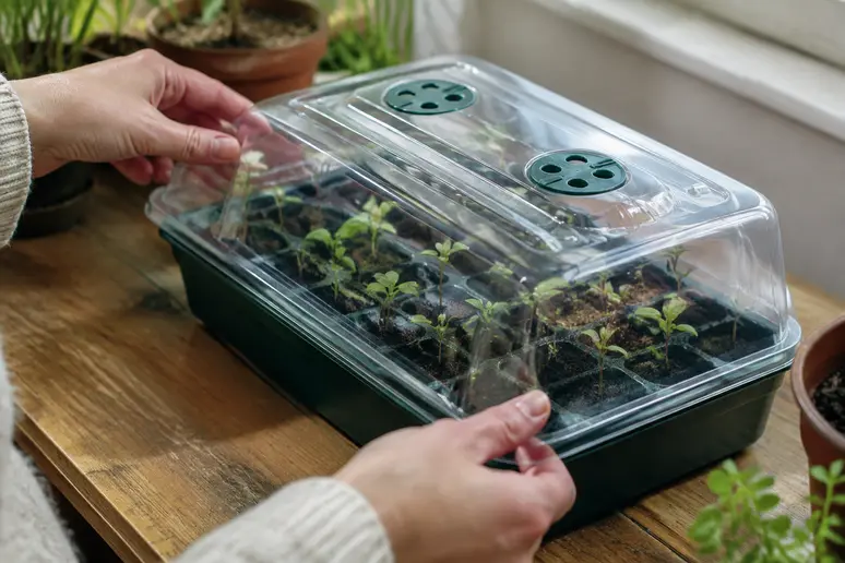 Mains ajustant le couvercle transparent d'une mini serre pour semis afin d'aérer et réduire la condensation.