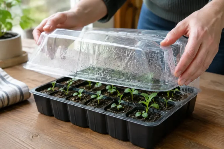 Jardinier ouvrant le couvercle d'une mini serre pour semis pour réduire la condensation sur les jeunes pousses