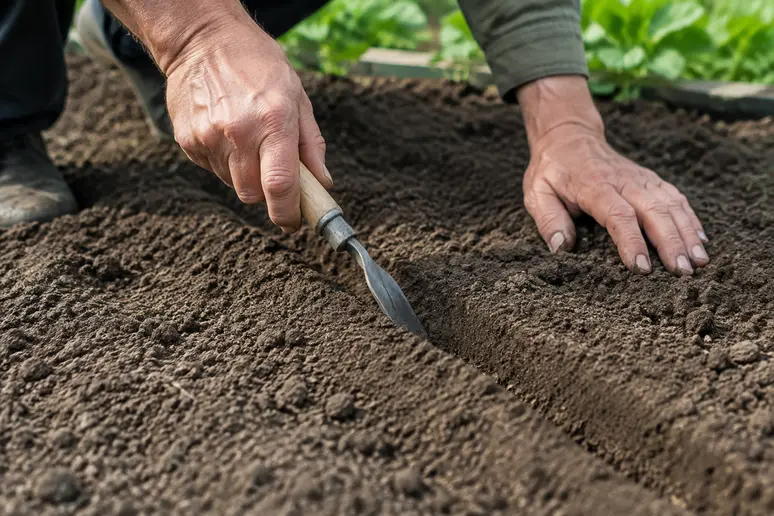 Mains traçant un sillon peu profond dans une terre fine pour le semis de navets