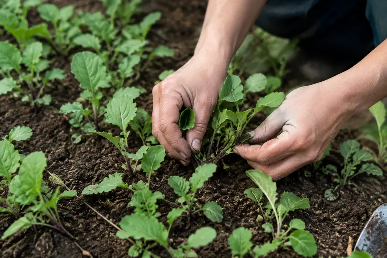 Éclaircissage manuel de jeunes plants de navets trop serrés en pleine terre