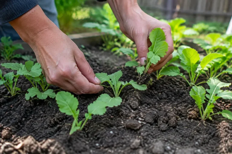 Jardinier qui éclaircit des jeunes pousses de navet semis en pleine terre dans son jardin