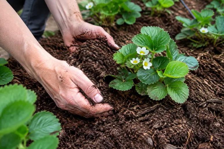Mains de jardinier étalant du compost bien décomposé au pied des fraisiers du potager