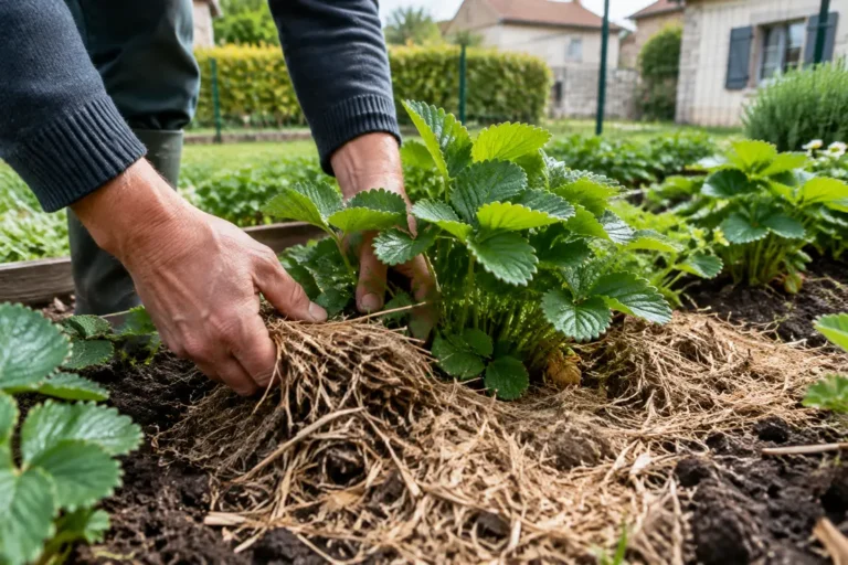 Jardinier installant un paillage fraisiers naturel au potager pour protéger les fruits