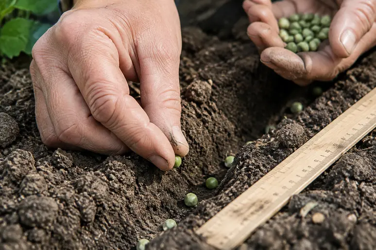 Mains d'un jardinier déposant des graines de petit pois semis dans un sillon en terre.
