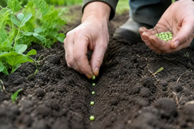 Un jardinier en train de réaliser un petit pois semis dans la terre du potager au printemps