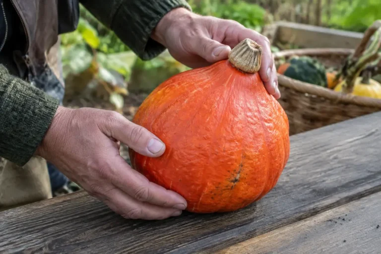 Un jardinier examine un potimarron quand récolter pour éviter la pourriture après la cueillette.
