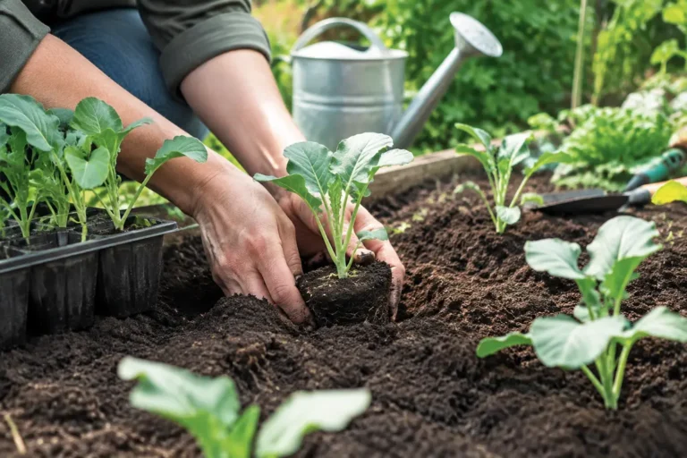 Un jardinier réalise un semis brocoli en plantant de jeunes pousses vertes dans la terre du potager.