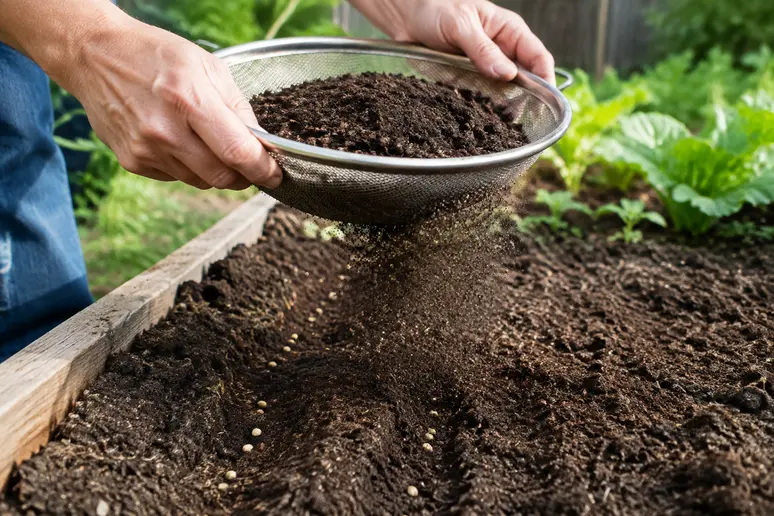 Recouvrement léger des graines avec de la terre fine tamisée en sol lourd