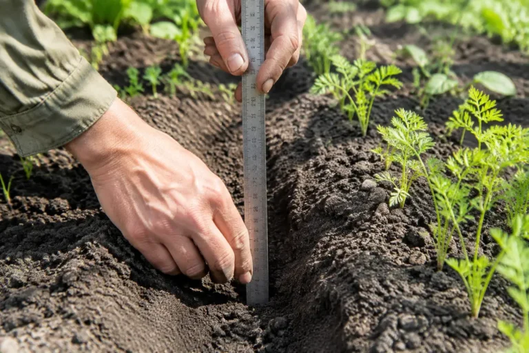 Un jardinier mesure la terre pour réussir son semis carotte profondeur dans le potager.