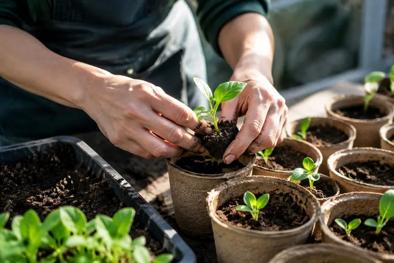 Repiquage délicat de jeunes plantules de chou-fleur en godets individuels