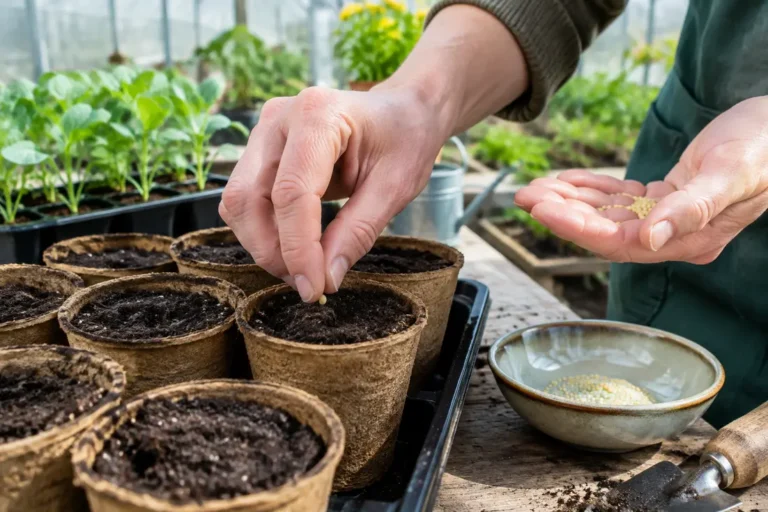 Jardinier préparant un semis chou fleur dans des petits godets en tourbe