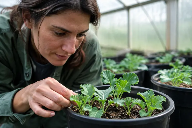 Jardinier observant de jeunes plantules de chou kale dans des pots de culture.