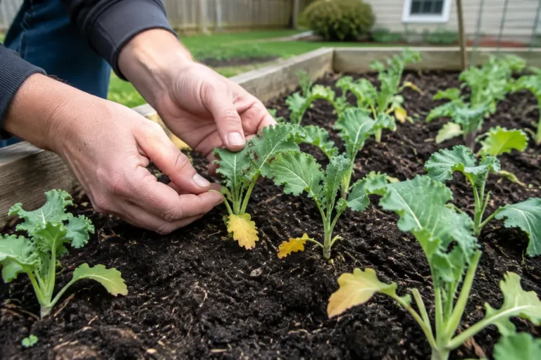 Un jardinier examine de jeunes pousses de semis chou kale jaunissantes dans un potager urbain