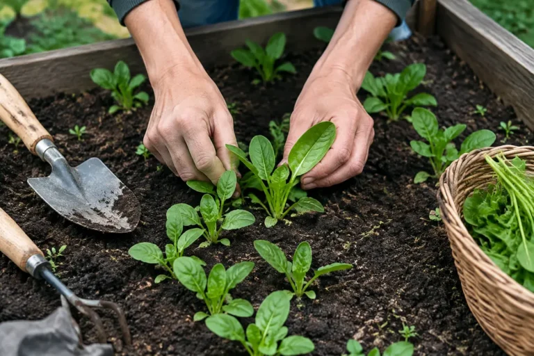 jardinier en train de réaliser un semis épinard en éclaircissant les jeunes pousses