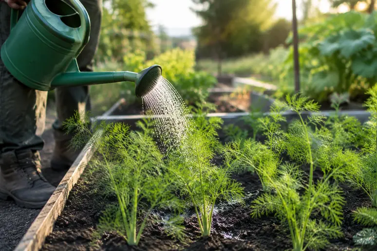 Arrosage minutieux de jeunes plants de fenouil pour garder le sol frais
