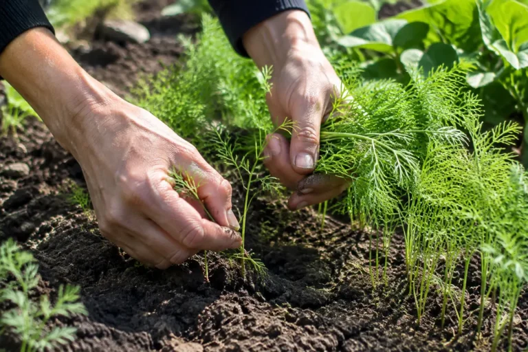 Un jardinier éclaircit de jeunes pousses lors d'un semis fenouil en pleine terre