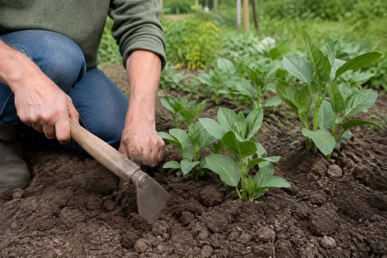 Jardinier ramenant de la terre au pied des plants de fèves pour stabiliser les tiges.
