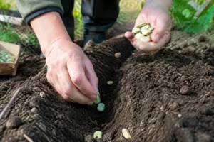 Un jardinier dépose des graines de fèves dans la terre pour effectuer un semis fèves au potager.
