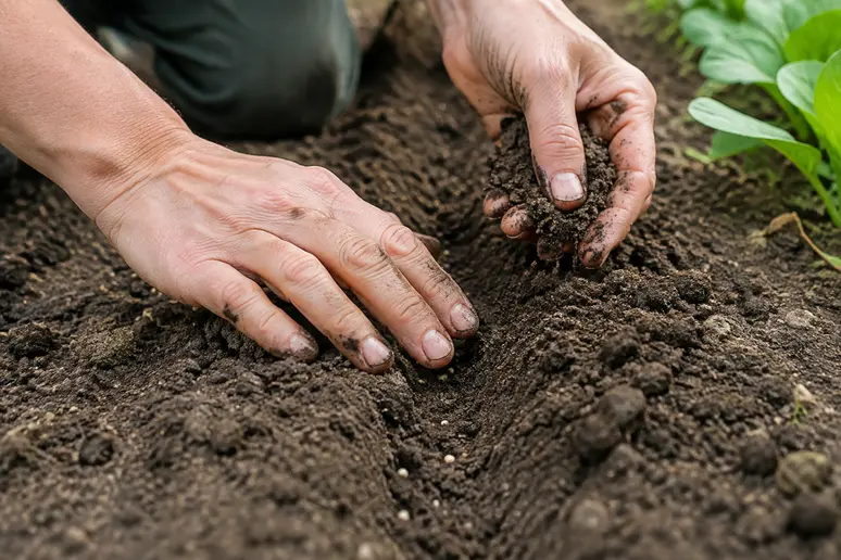 Recouvrement léger des graines de mâche avec de la terre fine
