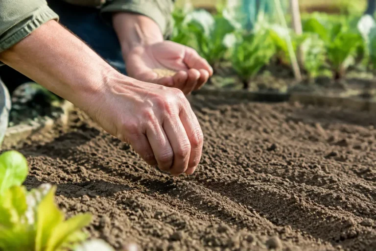 Un jardinier prépare la terre pour un semis mâche dans un potager ensoleillé.