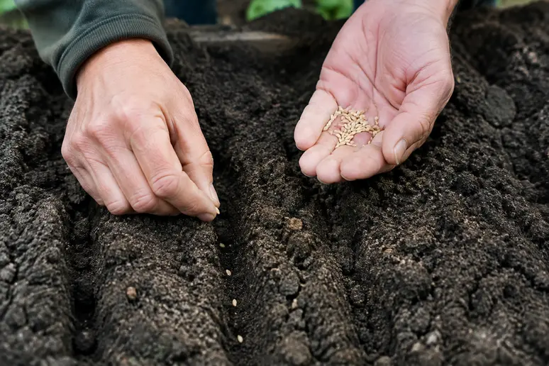 Mains de jardinier plaquant délicatement la terre pour des semis de poireaux à un centimètre de profondeur