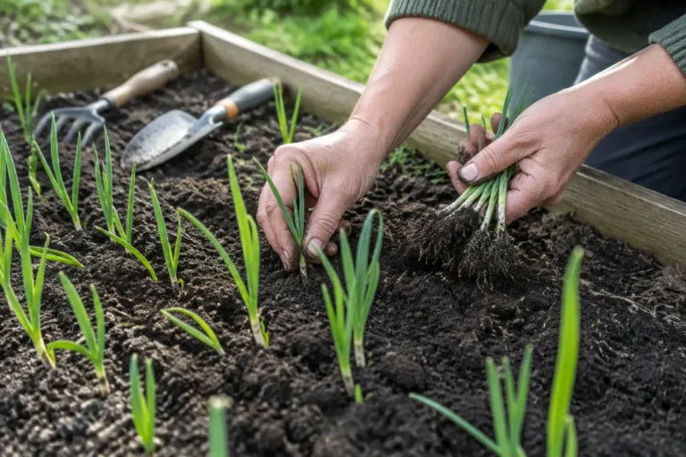 Jardinier en train d'éclaircir les jeunes pousses lors d'un semis poireaux en pleine terre.