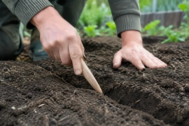 Jardinier traçant un sillon peu profond dans la terre pour le semis radis profondeur au potager