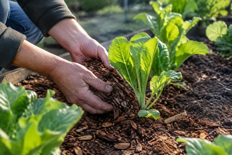 installation d'un paillage protecteur pour conserver l'humidité des jeunes pousses de roquette