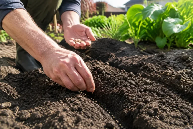 Jardinier qui réalise un semis roquette en pleine terre dans son potager
