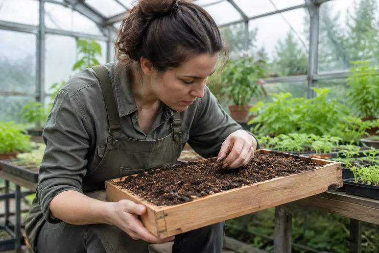 Jardinier observant un terreau pour semis sans tourbe dans une barquette en bois